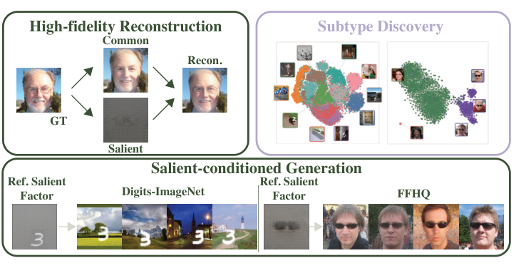 SAGE results: high-fidelity reconstruction, subtype discovery, and salient-conditioned generation